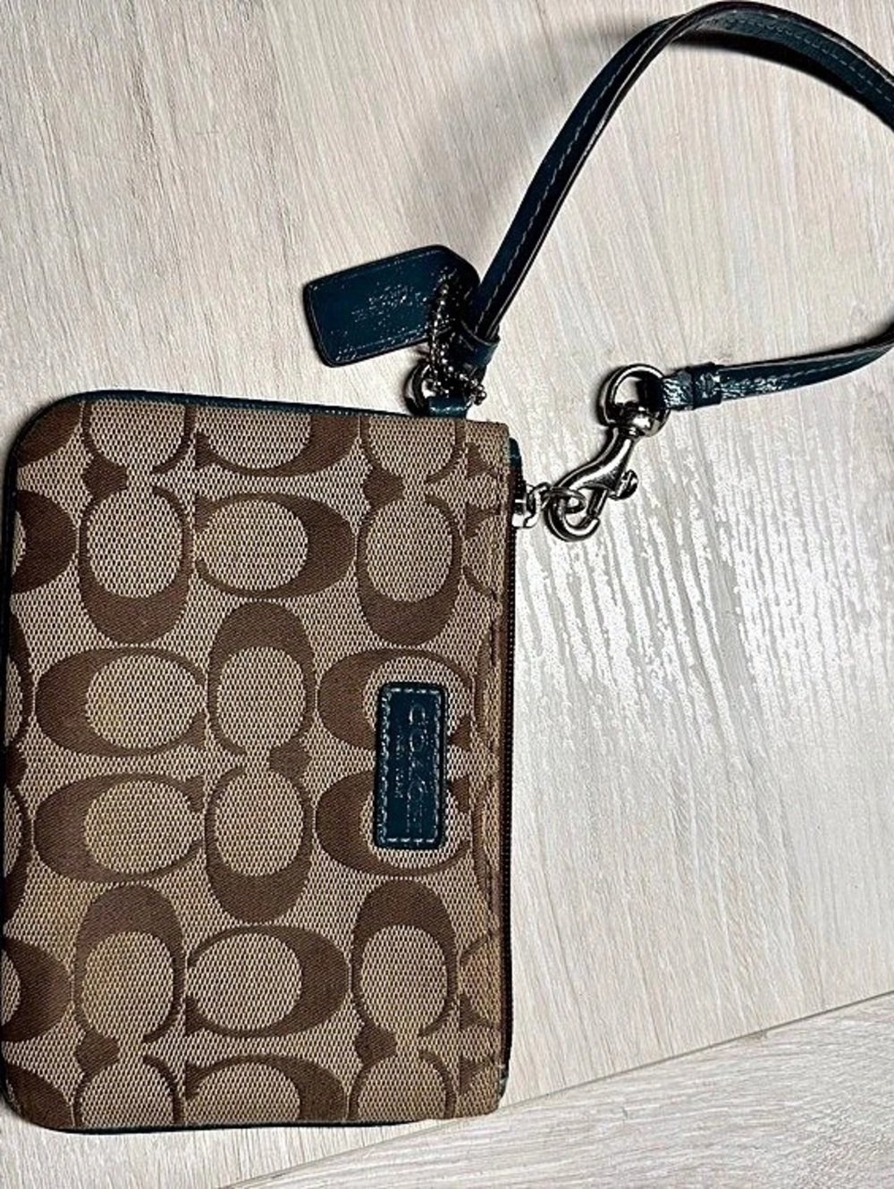 Coach Signature C Khaki Brown Wristlet with Teal Trim